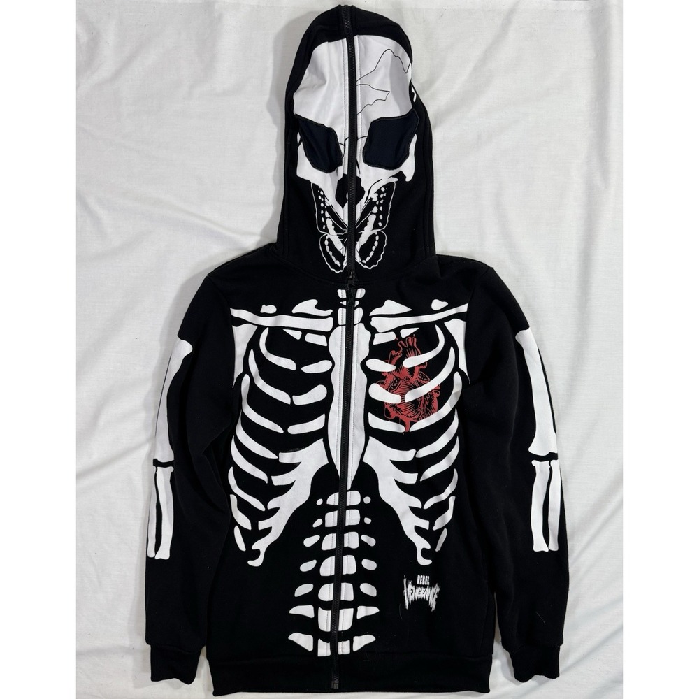Rebel Vengeance Hoodie Mens Small Black Skeleton Face Mask Bones Full Zip Punk